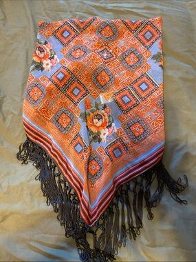 Vibrant Floral Geometric Fringe Scarf - Orange & Blue